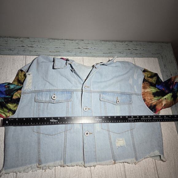 Upcycled Denim Cropped Jacket Thrashed Tie Dye Sleeves Detach Hood 50" Chest - Picture 10 of 13